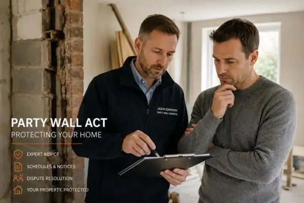 Party wall surveyor Hedge End discussing extension plans with homeowner outside a UK semi-detached house.